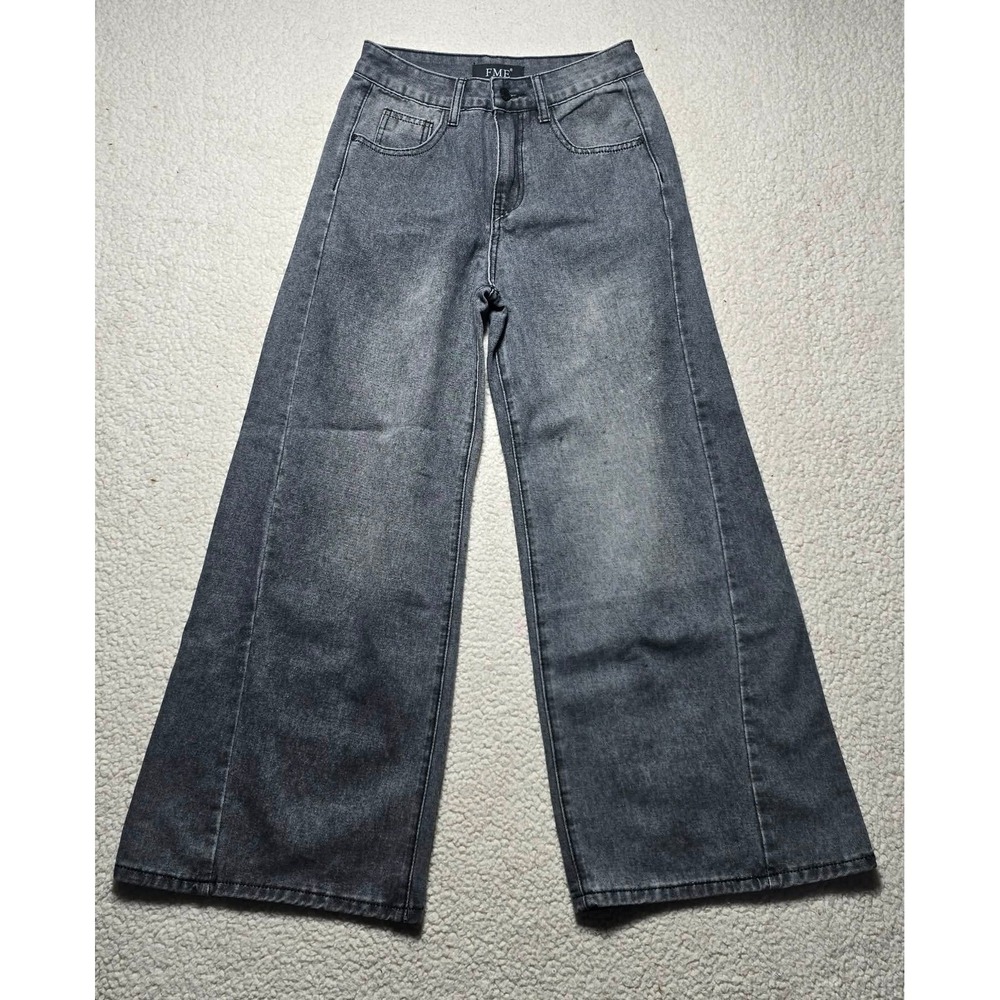 FME Wide Leg High Waisted Jeans Faded Black Acid Wash Flare Pants N04 Small
